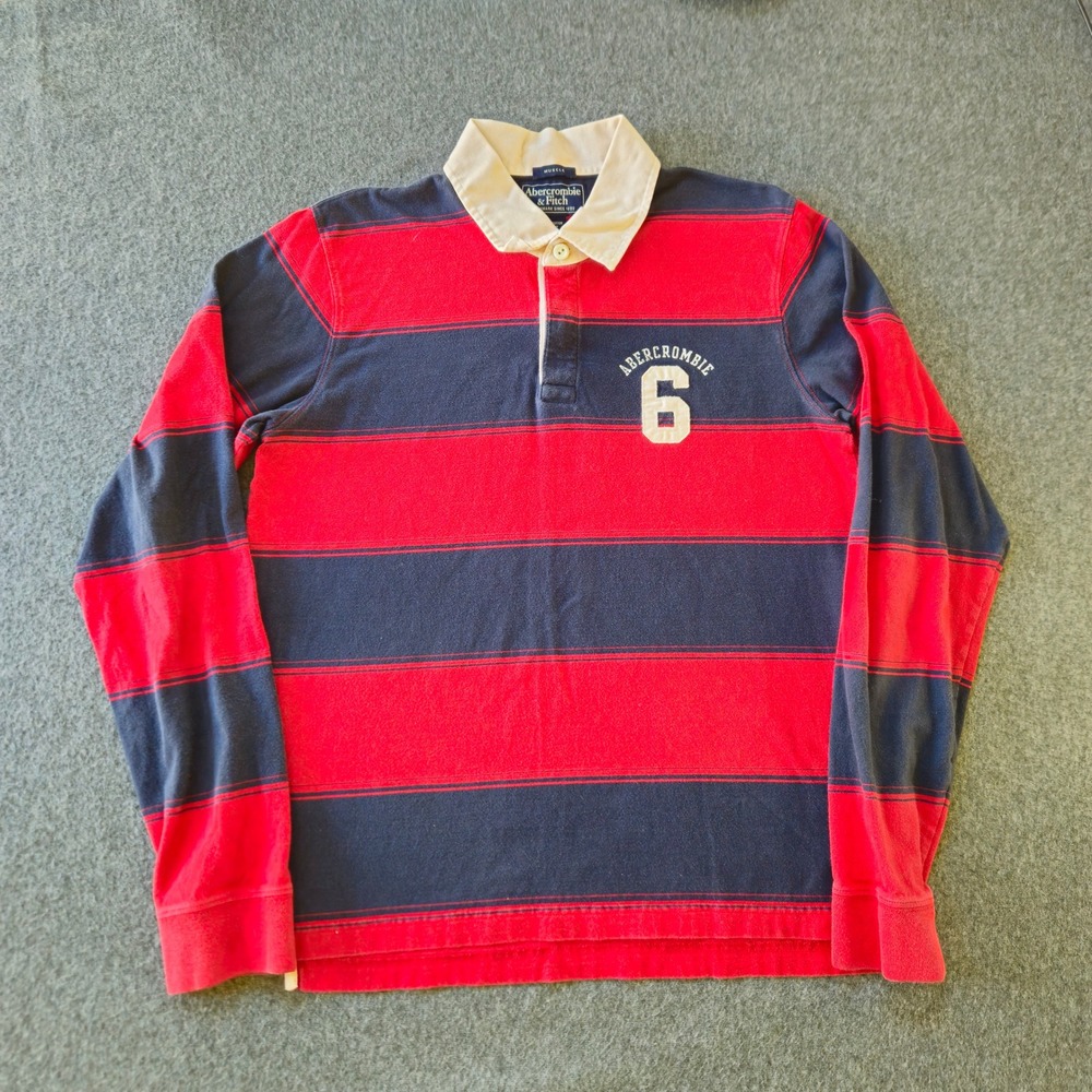 Abercrombie & Fitch Rugby Long Sleeve Shirt Red Navy Striped Muscle Fit Y2K M